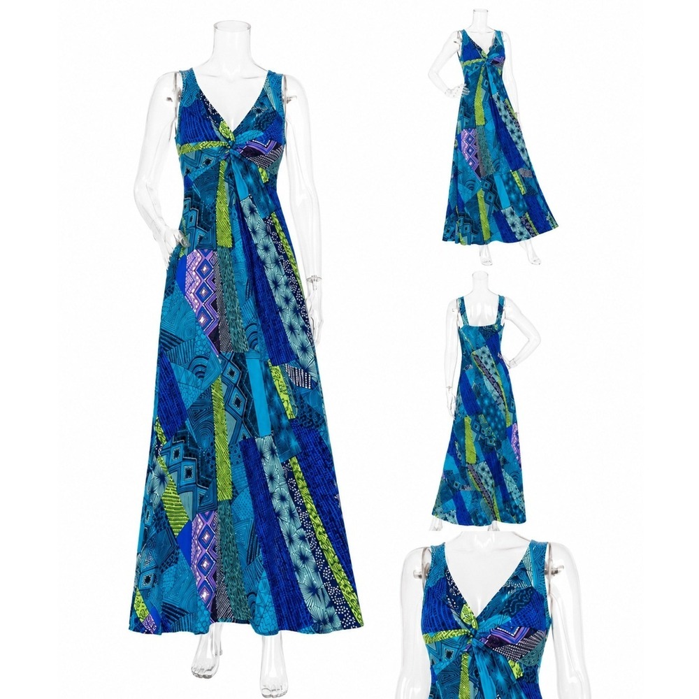 Spense Blue Geometric Patchwork V-Neck Sleeveless Maxi Dress SKUW697
